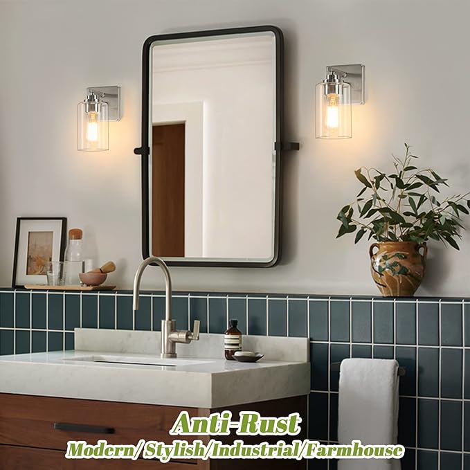 Set of 2 Wall Sconces for Bathroom, Brushed Nickel Vanity Light Fixtures, Modern Wall Mount Lighting Lanterns, Farmhouse Wall Lamps with Clear Glass Shade for Bedroom Living Room Mirror Hallway Porch