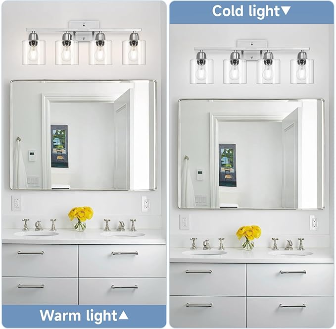 Modern Brushed Nickel 4 Light Bathroom Light Fixtures, 24 inch Vanity Lights for Bathroom with Clear Glass for Mirror Kitchen Living Room Hallway Cabinet Porch