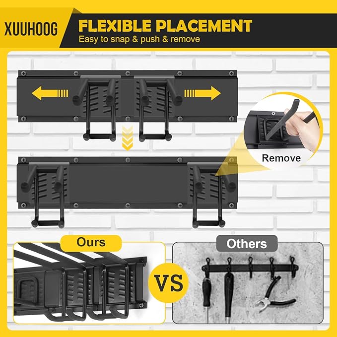 “48” Adjustable Garage Wall Tool Organizer - Full-Length Bracket for Garage Storage with 3 Tool Hooks, 2 Double Hooks, 2 Single Hooks and 3 Rails in Heavy-Duty Construction,Tool Organizer