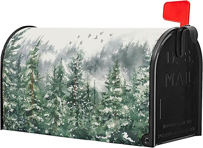 Winter Watercolor Tree Mailbox Covers Magnetic Christmas Green Pine Tree Forest Mail Box Post Letter Box Cover Standard Size 25.5x21 Inch for Xmas Holiday Outdoor Garden Yard Decor