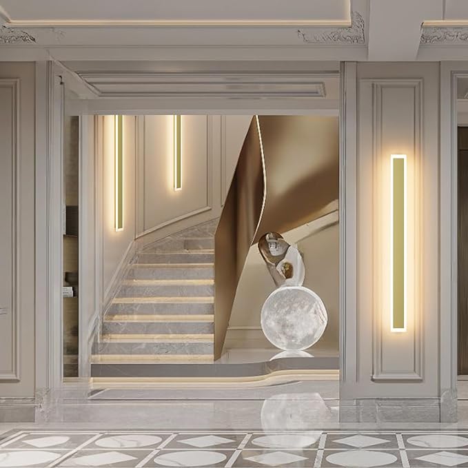 Aipsun Outdoor Wall Sconce 30W LED Modern Porch Patio Wall Light Fixture Gold Exterior Wall Lights Long Strip Frosted White Acrylic 3000K for House Living Room Corridor(2 Packs)