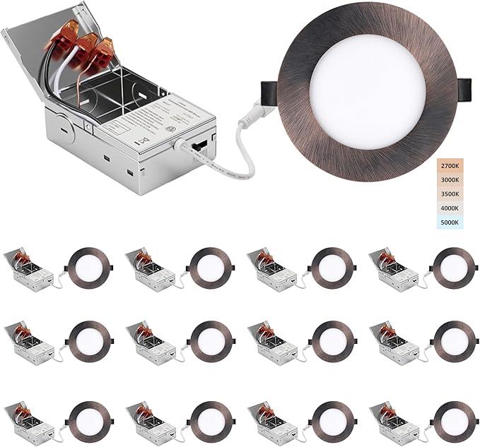 4-inch LED Recessed Light - Slim Recessed Ceiling Light with Junction Box, 9W 5CCT Canless Lighting fixture, Dimmable, Easy Install for Bedroom, Kitchen, Living Room, 12 Pack, Oil Rubbed Bronze