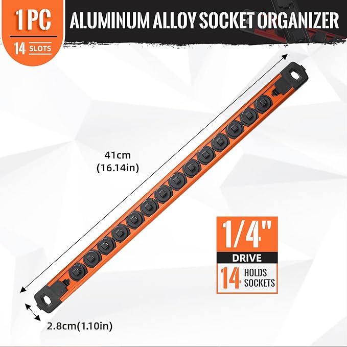 Magnetic Socket Organizer, 1-Piece Heavty Duty Aluminum Socket Holder, Socket Rail for Tool Box, Premium Quality 360° Swivel Socket Rack with 14 Clips for 1/4-Inch(Orange)