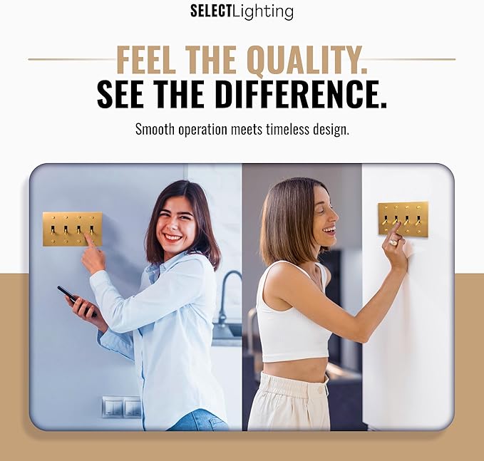 4-Gang Satin Solid Brass Plated Toggle Switch, 15A 120V AC Wall Mount, 3-Way Compatible Vintage Style Single Pole with Faceplate & Switch Module