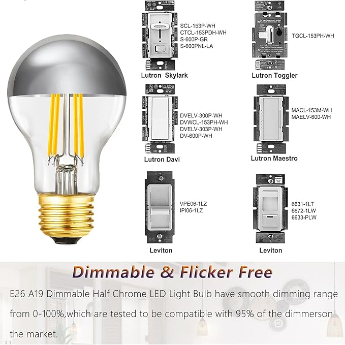 Half Chrome Light Bulb 6W (60 Watt Equivalent), Dimmable A19 Decorative LED Edison Bulb, 4000K Neutral White, E26 Silver Tipped Light Bulb,A60,AC120V, Pack of 4