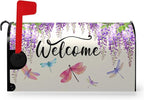 Violet Spring Floral Welcome Mailbox Covers Magnetic Oversized Purple Flowers Dragonflies Mailbox Cover Summer Post Box Cover Wraps Large Size 25.5 X 21 Inch for Home Yard Decorations