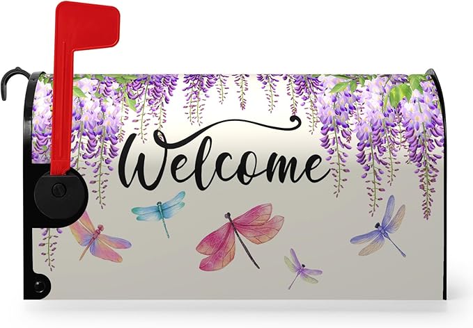 Violet Spring Floral Welcome Mailbox Covers Magnetic Purple Flowers Dragonflies Mailbox Cover Summer Post Box Cover Wraps Standard Size 18 X 21 Inch for Home Yard Decorations