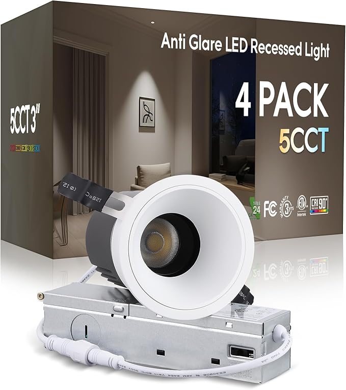 TORCHSTAR 3 Inch 5CCT Anti Glare LED Recessed Lights with J-Box, Trimless Gimbal LED Recessed Ceiling Light, Deep Trim Canless Downlight, 2700-5000K Selectable, Ultra Narrow Frame, ETL FCC, Pack of 4