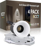 TORCHSTAR 3 Inch 5CCT Anti Glare LED Recessed Lights with J-Box, Trimless Gimbal LED Recessed Ceiling Light, Deep Trim Canless Downlight, 2700-5000K Selectable, Ultra Narrow Frame, ETL FCC, Pack of 4