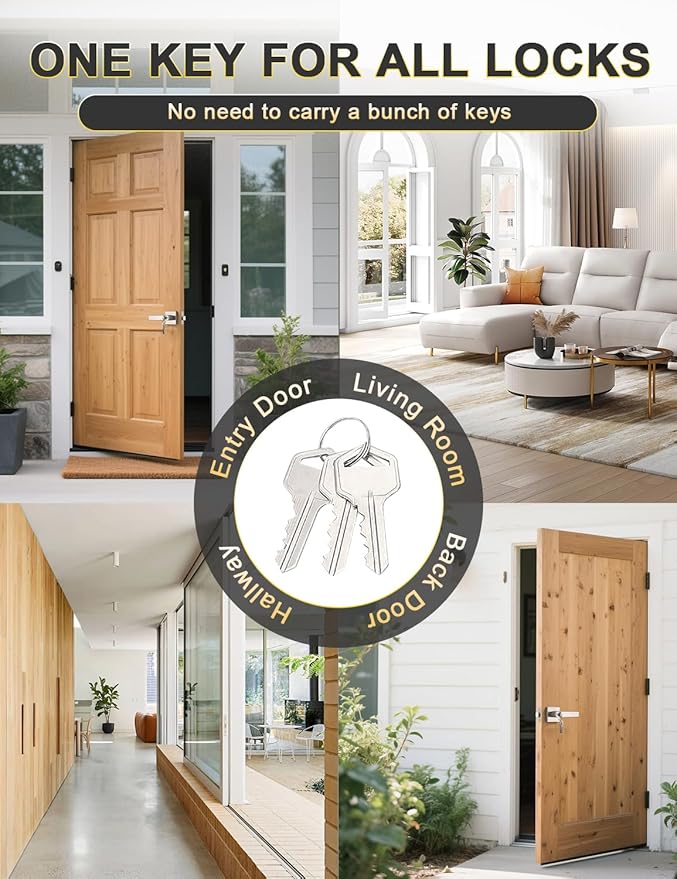 6 Pack Entry Door Levers with Lock and Key, Brushed Nickel Keyed Alike Lockset Combo Pack, Entrance Door Handles for Office and Front Door, Door Knobs Lockset (Each with 3 Keys)