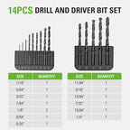 Greenworks 14 Pcs Black Oxide Drilling Bit Set,135 Degree Split Point, Black Oxide Coated, For Plastic, Wood and Metal