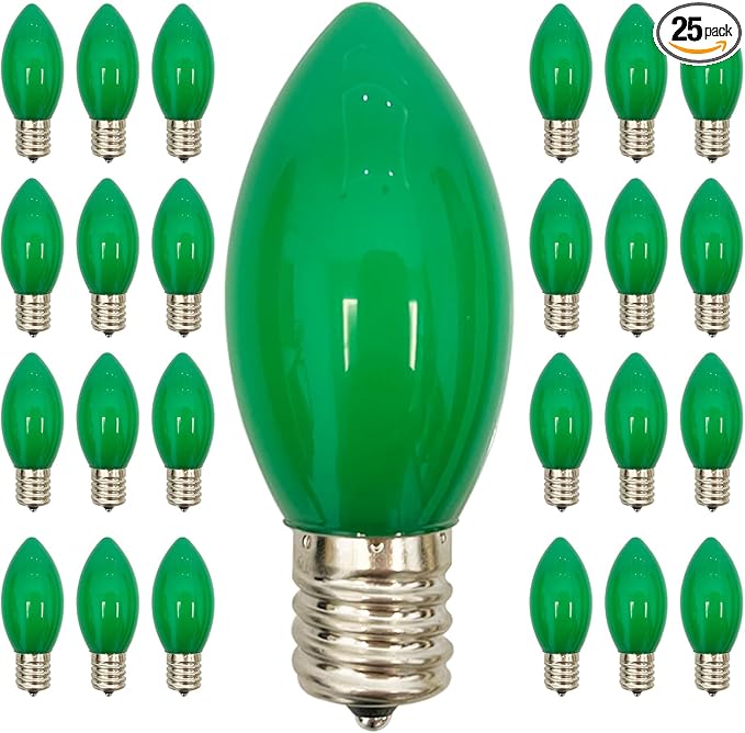 25 Pack C9 Christmas Replacement Bulbs, Green Christmas Bulbs Vintage Ceramic Incandescent Light for Indoor Outdoor Patio Xmas Party String Lights, 7W Night Light, C9/E17 Intermediate Base
