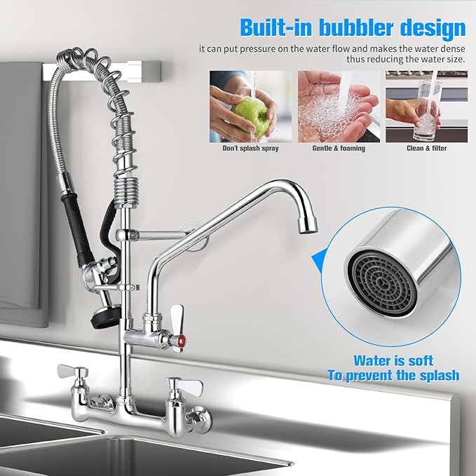 25" Height Commercial Faucet with Sprayer, Commercial Sink Faucet 8" Adjustable Center 12" Swing Spout, Commercial Wall Mount Faucet with Pre-Rinse Sprayer for Restaurant Industrial (25In)