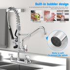 25" Height Commercial Faucet with Sprayer, Commercial Sink Faucet 8" Adjustable Center 12" Swing Spout, Commercial Wall Mount Faucet with Pre-Rinse Sprayer for Restaurant Industrial (25In)