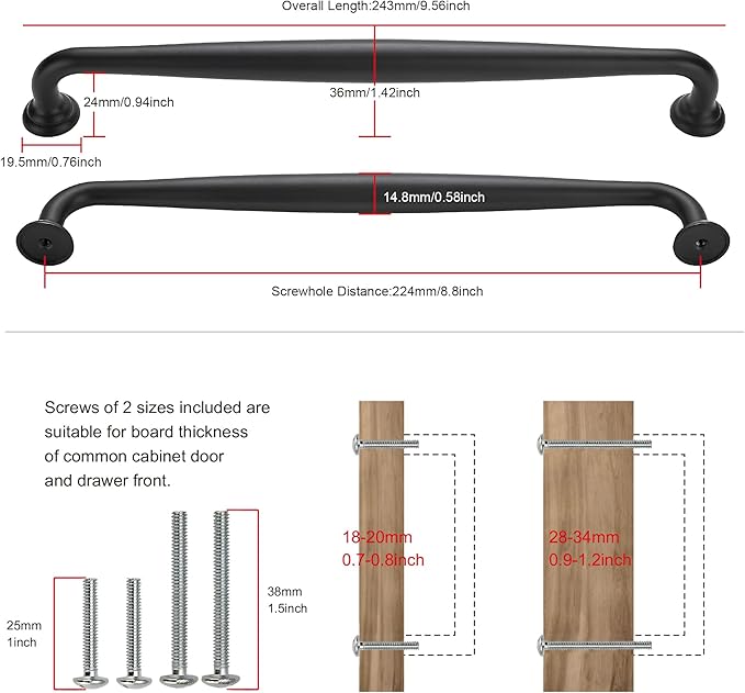 YUNNY 5 Pack Cabinet Handles-8.81"/224mm Screw Spacing Matte Black Furniture Hardware Handles for Kitchen Cabinets Bedroom Dresser Wardrobe Cabinet Pulls