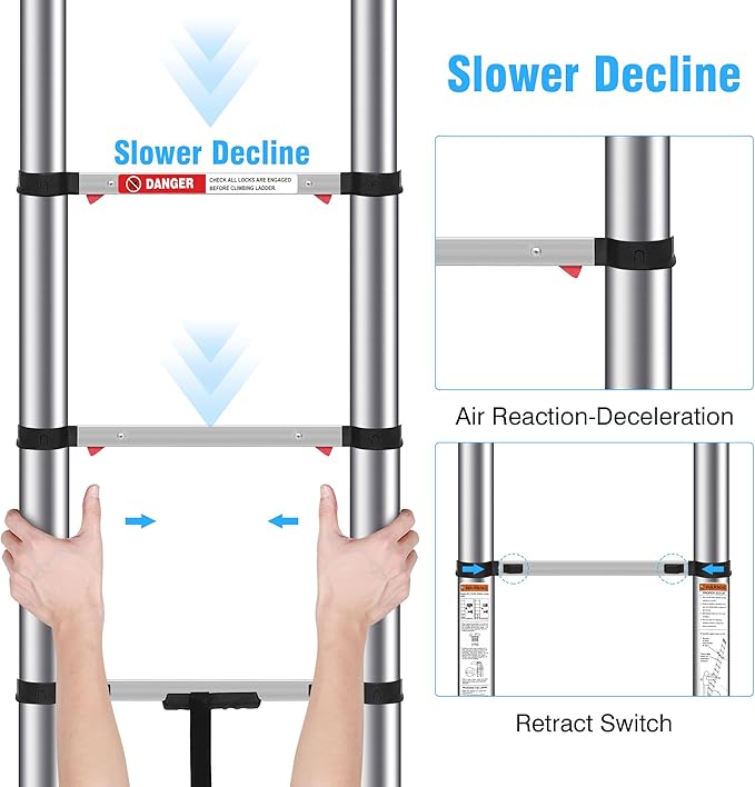 Telescoping Ladders 8.5 FT Stainless Steel - One-Button Retraction Collapsible Extension Ladder for Home,RV,Loft, Lasts 375 LBS with 2 Triangle Stabilizers