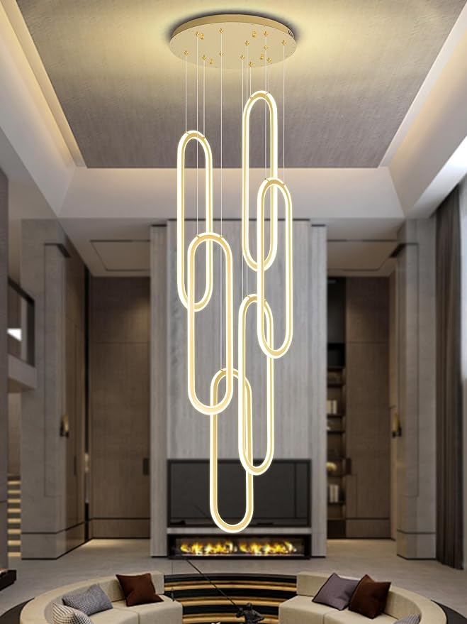 Flashing God H118 Modern Chandelier 6-Rings Contemporary Chandelier for High Ceiling Led Dimmable Large Pendant Lighting Gold Ring Chandeliers for Villa Foyer Entrance Living Room