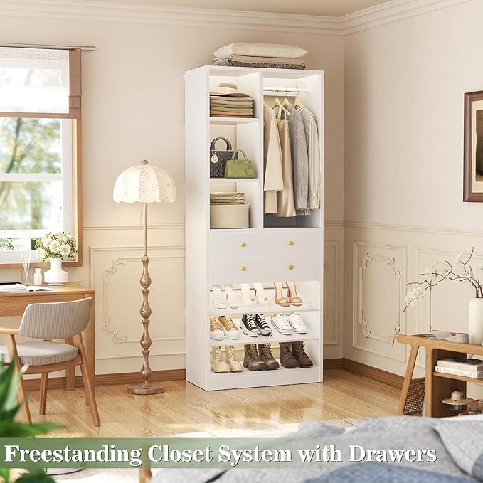 Closet System, 28"/2.4 FT Small Closet Organizer System with Drawers and Shelves, Walk-in Closets Systems for Small Closets, Free Standing Reach in Closet Tower, White