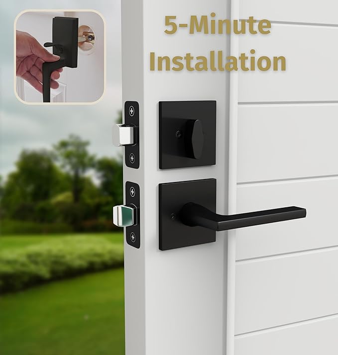 Mega Handles - TOBELLE Black Entry Door Handleset - Single Cylinder Handleset with Lever for Entrance and Front Doors - Modern Door Handles for Left and Right-Handed Doors - Straight Handle