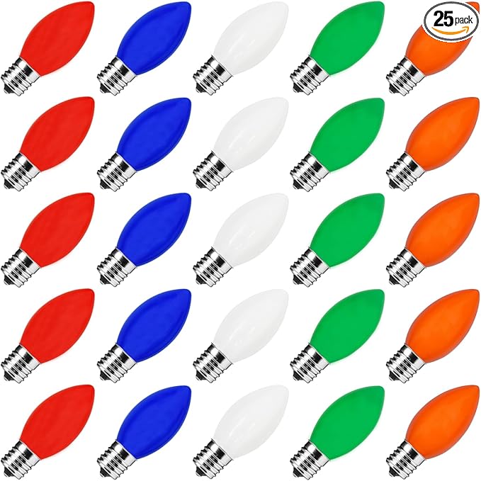 C9 Multicolor Christmas Light Bulbs, 25 Pack C9 Ceramic Color Replacement Bulbs Vintage Incandescent Light Bulbs for Christmas String Lights Outdoor Holiday Decor, E17/C9 Intermediate Base, 7 Watts