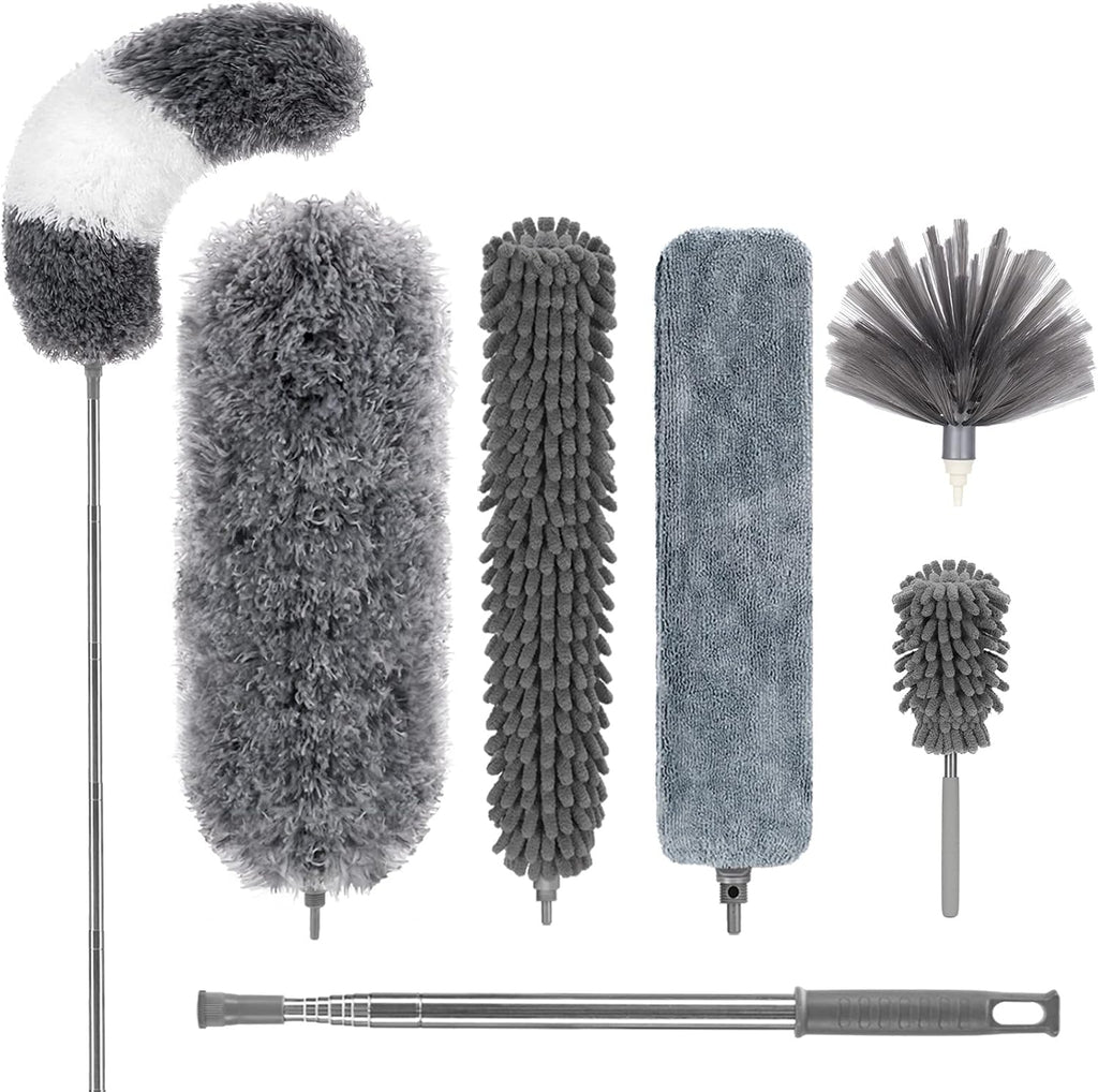 DELUX Microfiber Feather Duster,7 PCS Reusable Bendable Washable Cobweb Duster with 100 inches Extra Long Extension Pole for Cleaning Ceiling Fan, High Ceiling, Blinds, Furniture & Cars