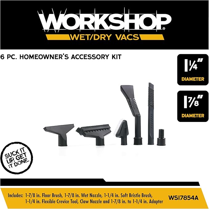 WORKSHOP Wet/Dry Vacs Vacuum Accessories WS17854A Homeowner DIY Kit for Wet Dry Vacuum Cleaners, 1-1/4-inch and 1-7/8-inch Shop Vacuum Attachments with 1-7/8-inch Hose Adapter, for General Cleaning