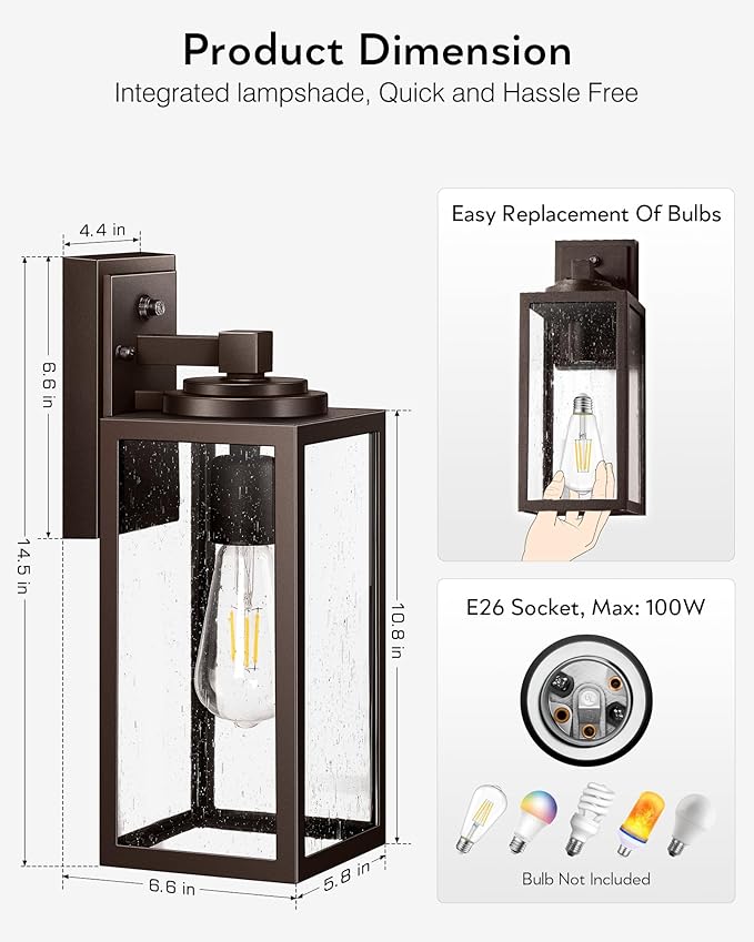 VIANIS Outdoor Wall Lights, 14.5" H Oil Rubbed Bronze Dusk to Dawn Outdoor Lighting, Porch Lights Outdoor with Seed Tempered Glass, Outside Lights for House, Porch, Doorway, Waterproof and Anti-Rust
