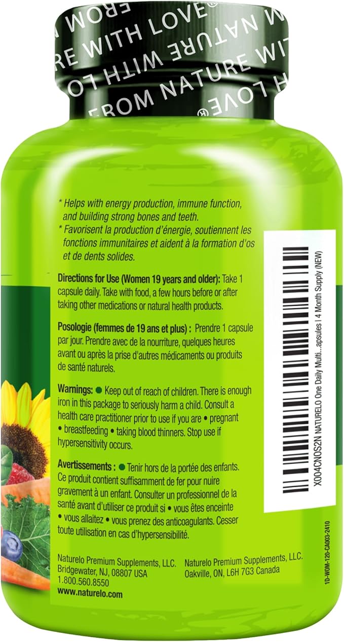 NATURELO One Daily Multivitamin for Women - Energy Support - Whole Food Supplement to Nourish Hair, Skin, Nails - Non-GMO - No Soy - Gluten Free - 120 Capsules - 4 Month Supply