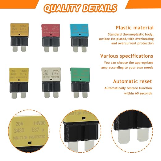 Auto Reset Circuit Breaker Fuse E37 Low Profile ATC/ATO 14V DC 5A 10A 15A 20A 25A 30A Type 1 car Mini Fuses Circuit Breakers（6 pcs Mixed）