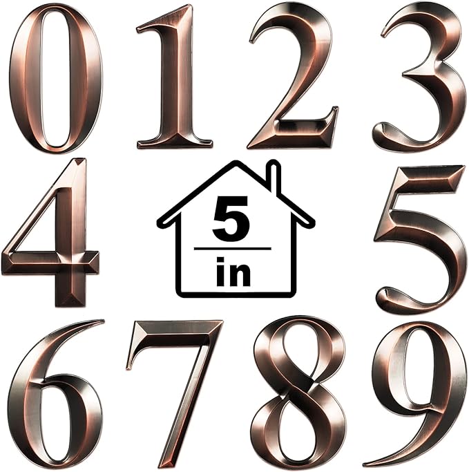 Jetec 10 Pcs House Numbers 3D Door Mailbox Numbers 0-9 Self Adhesive House Door Street Address Stickers for, Apartment, Office, Hotel Room, Mailbox Signs(5 x 3.15 Inches,Coppery)