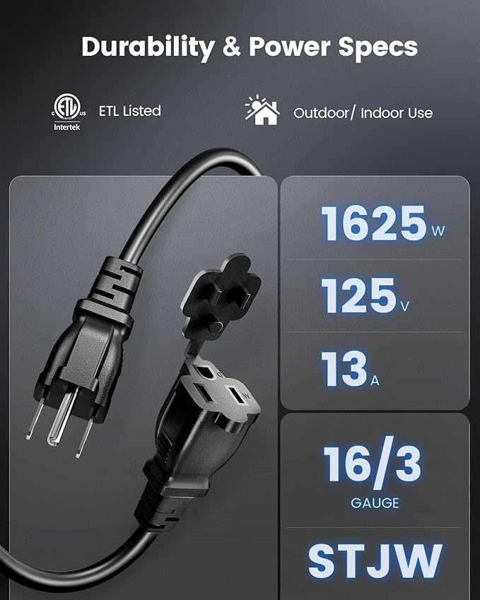 SURAIELEC Outdoor Extension Cord with Multiple Outlets,1-3 Multi Plug Splitter, (5+5+5+5) 20FT Total, 10FT End to End, 16/3C SJTW, for Landscape, Christmas Lights, Halloween Decorations, Black