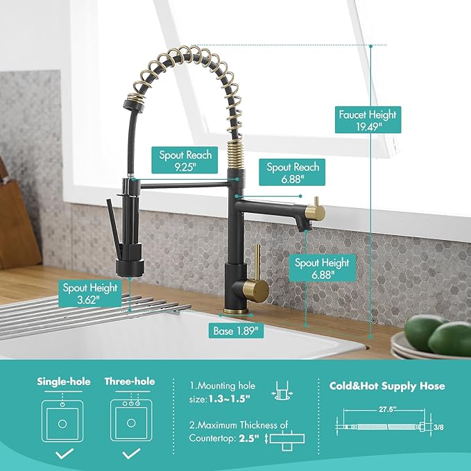 AIMADI Kitchen Faucet,Black and Gold Kitchen Faucet with Sprayer,Commercial Style Matte Black Single Handle Single Hole Kitchen Sink Faucet