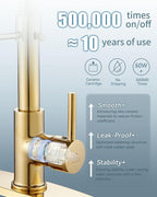 LED Kitchen Faucet, Brushed Gold Kitchen Faucet with Soap Dispenser and Deck Plate, Faucet for Camper Farmhouse RV Kitchen Sink, Single Handle Kitchen Sink Faucets with Pull Down Sprayer