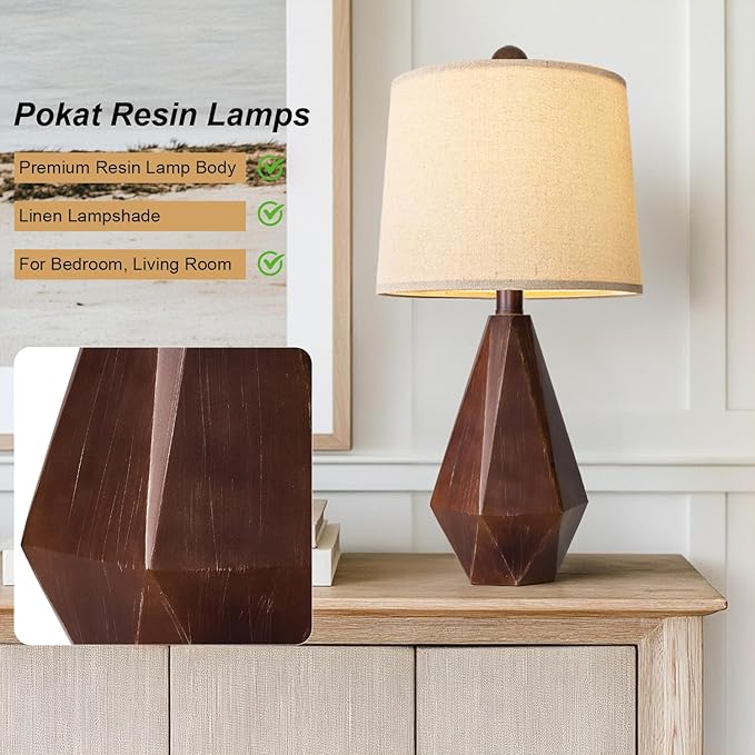 PoKat 20.25" Farmhouse Table Lamps Set of 2 for Night Stands, Vintage Bedside Lamps for Bedroom Living Room, Modern Bedroom Lamps for End Table, Suitable for Small Place, Antique Brown