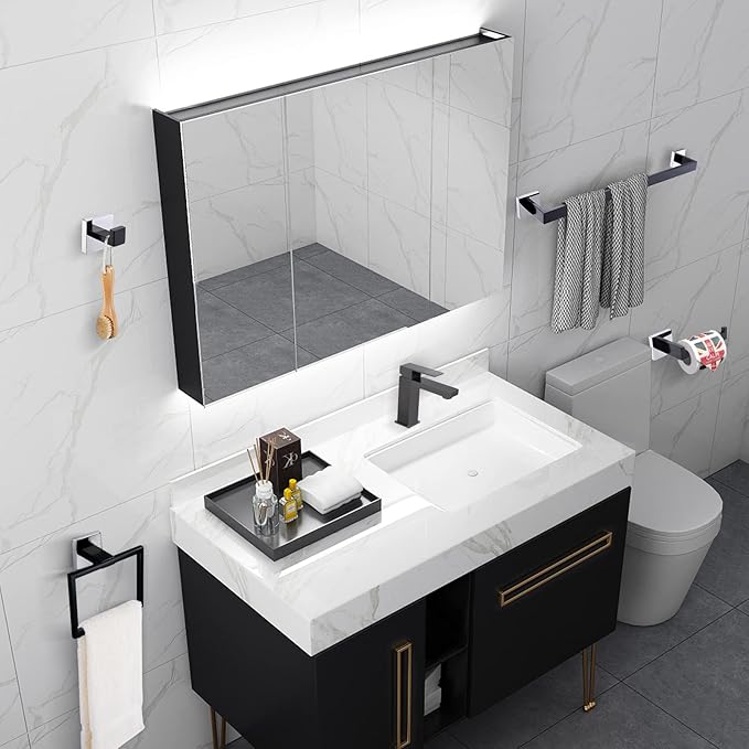 Bathroom Towel Bar Holder Sets Black and Polished 4-Piece Bathroom Hardware Set Stainless Steel Bath Accessories Kit. Wall Mounted,23.6 Inch