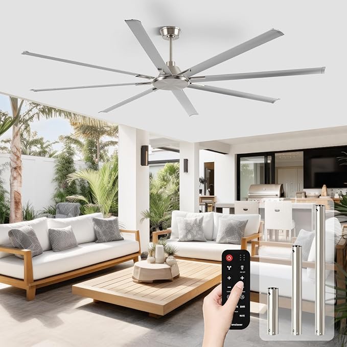 100 Inch Ceiling Fans with Remote No Light for Living Room Bedroom Kitchen Home Office Library Cafe Outdoor/Industrial Use, 8 Aluminum Blades 6 Speed Reversible Quiet DC Motor, Sand-nickel