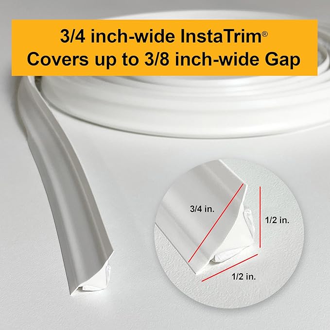InstaTrim White New & Improved Caulk Trim, 3/4" by 10 ft, Flexible, Waterproof for Bathroom, Floors, and Walls | Easy Installation | No Mess, Stain Resistant, Made in The USA