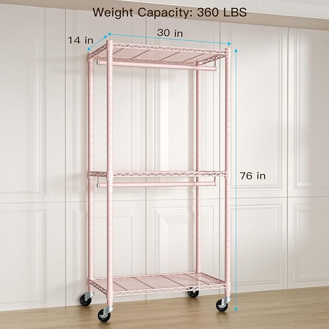 FUTASSI P1 Medium Heavy-Duty Portable Closet, 30" W x 14" D x 76" H, Metal Rolling Clothing Rack, Pink