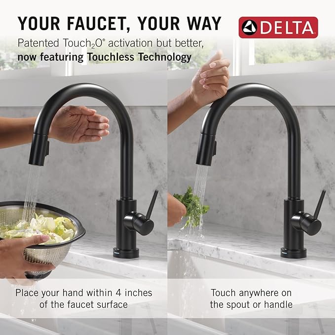 Delta Trinsic Touchless Kitchen Faucet with Touch Technology, Matte Black Kitchen Sink Faucet with Pull Down Sprayer, Single Hole, Matte Black 9159TL-BL-DST
