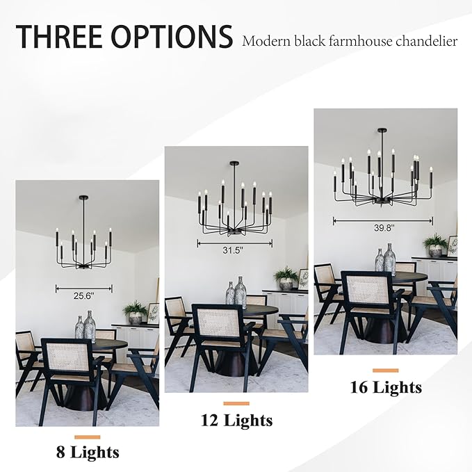 Qamra Farmhouse Black Chandelier for Dining Room, 8-Light Modern Candle Chandelier Light Fixture, Rustic Industrial Hanging Chandeliers Lighting for Living Room, Kitchen, Staircase, Entryway, Foyer