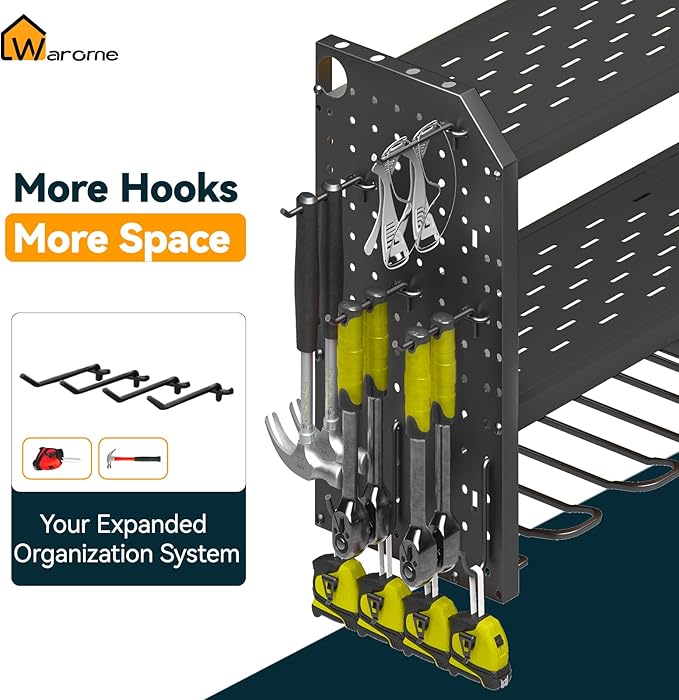 Warome Garage Power Tool Organizer with 8-Outlet Power Strip, Tool Storage Rack Wall Mount with 8 Cordless Drill Holders, Tool Organization Shelf with Charging Station in Black