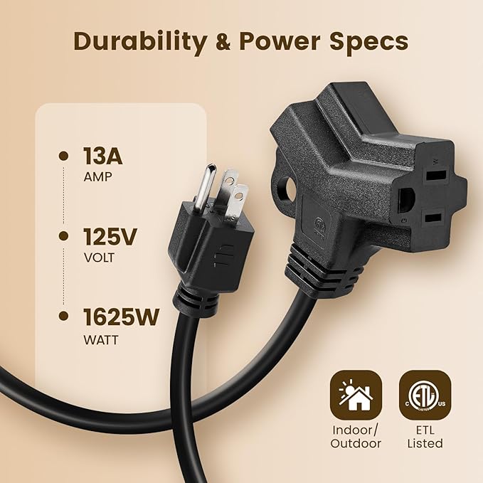 SURAIELEC Extension Cord with Multiple Outlets 3 FT, 2 Grounded Outlets 1-to-2 Splitter, 16 AWG Heavy Duty Power Cord for Kitchen & Living Room, Christmas Light, Waterproof SJTW, ETL Listed, 2 Pack
