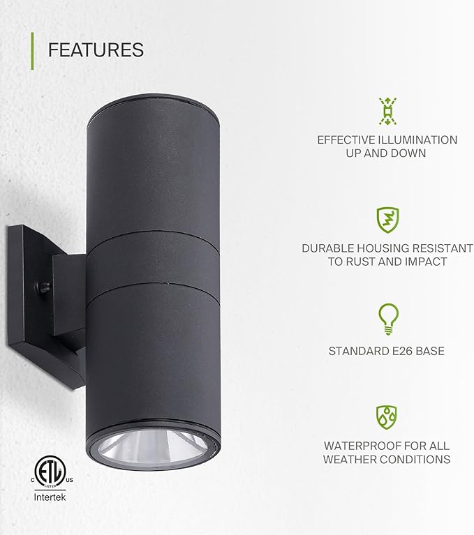 ASD 2 Light Outdoor Wall Light Fixture | 120W E26 Bulb Socket 120V ETL Cylinder Up Down Lights | LED/CFL/Incandescent Bulb Exterior Wall Sconce | Front Door, Porch, Patio Lighting | Black, 6 Pack