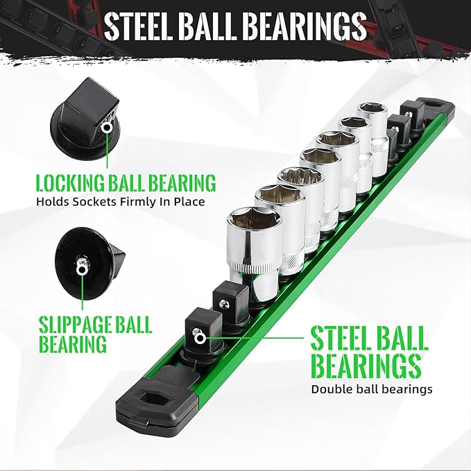 Magnetic Socket Organizer, 1-Piece Heavty Duty Aluminum Socket Holder, Socket Rail for Tool Box, Premium Quality 360° Swivel Socket Rack with 14 Clips for 3/8-Inch(Green)