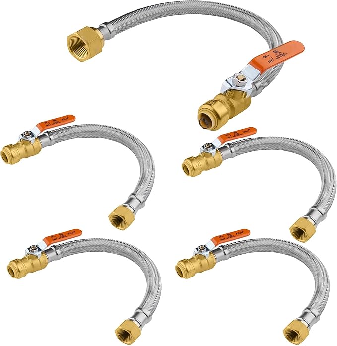 5-Pack HeSun 15-Inch Push-Fit Ball Valve Water Heater Connector, Push-to-Connect 1/2" x 3/4" FIP, Stainless Steel Flexible Heater Hose(HOSE036-5)
