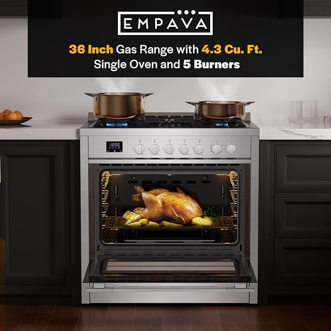 Empava Gas Range, 4.3 Cu. Ft Convection Oven with Touch Timer, 5 Deep Recessed Burners Cooktop, Heavy Duty Continuous Grates in Stainless Steel, Freestanding & Slide-in Stove,36 Inch
