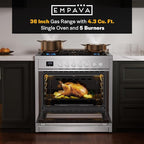 Empava Gas Range, 4.3 Cu. Ft Convection Oven with Touch Timer, 5 Deep Recessed Burners Cooktop, Heavy Duty Continuous Grates in Stainless Steel, Freestanding & Slide-in Stove,36 Inch