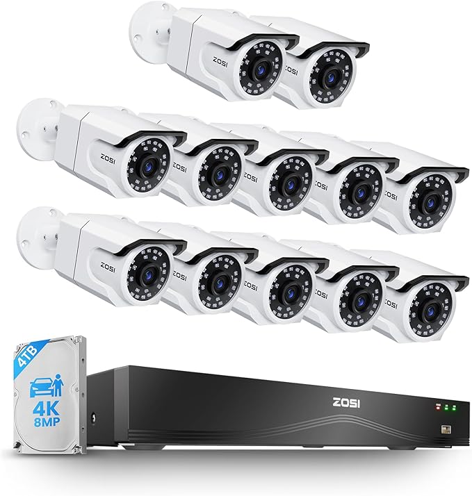 ZOSI 32CH 4K PoE Security Camera System,12pcs 8MP Outdoor Indoor Cameras,One-Way Audio,Person/Vehicle Detection,People Counting,Dual Disk Backup,16Port 32-Channel NVR with 4TB HDD for 24/7 Recording