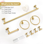 TQKAG 8-Pieces Bathroom Hardware Set Brushed Gold SUS304 Stainless Steel Bath Towel Bar Set 23.6 Inch Round Bathroom Accessories Kit Wall Mounted