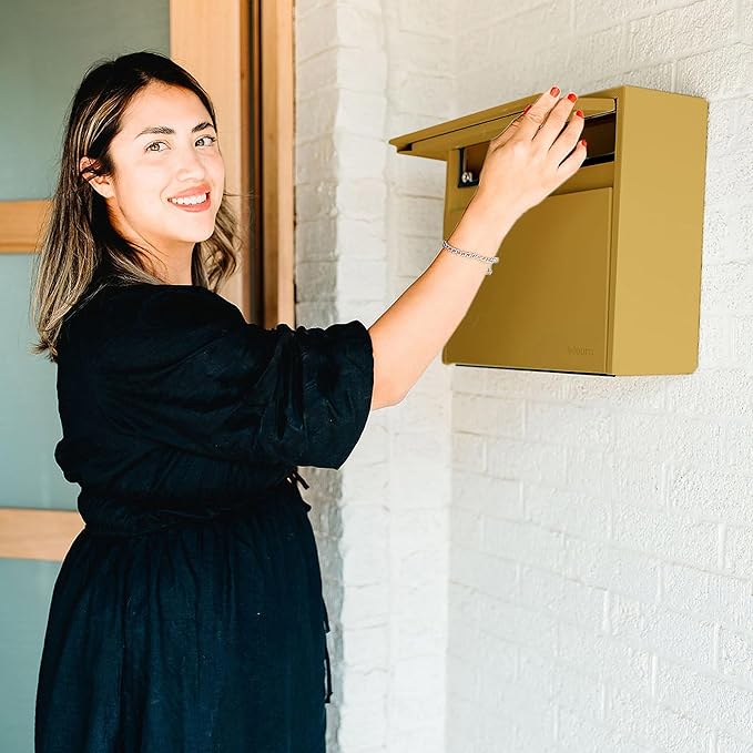 Wall Mount Mailbox - Small, Anti-Theft Locking Mailbox, Weatherproof Mailboxes for Outside The House, 13.5" H x 15" L x 5.5" D (Curb Yellow)